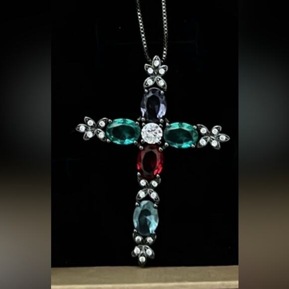MULTI COLOR STONE CROSS PENDANT NECKLACE 18-20” ADJUSTABLE STANDARD SZ. - Picture 1 of 7